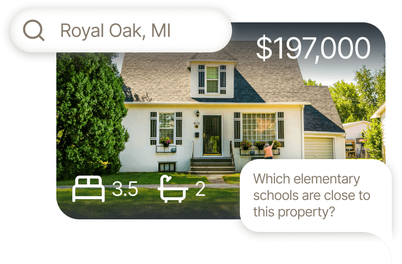 Listing image with a AI bot question about schools and search bar